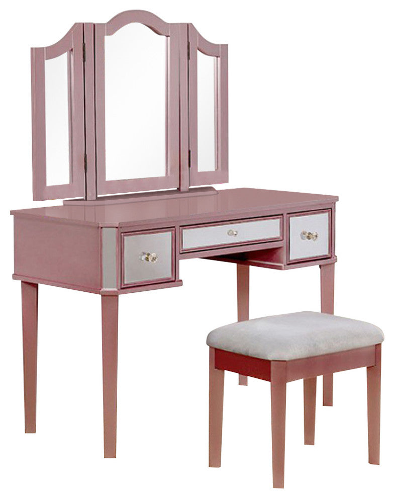 Clarisse Contemporary Vanity With Stool, Rose Gold