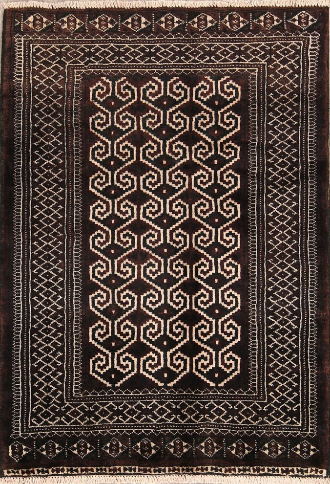 Hand Made Persian Traditional Turkoman Oriental Area Wool Rug, Brown, 4'0"X2'10"