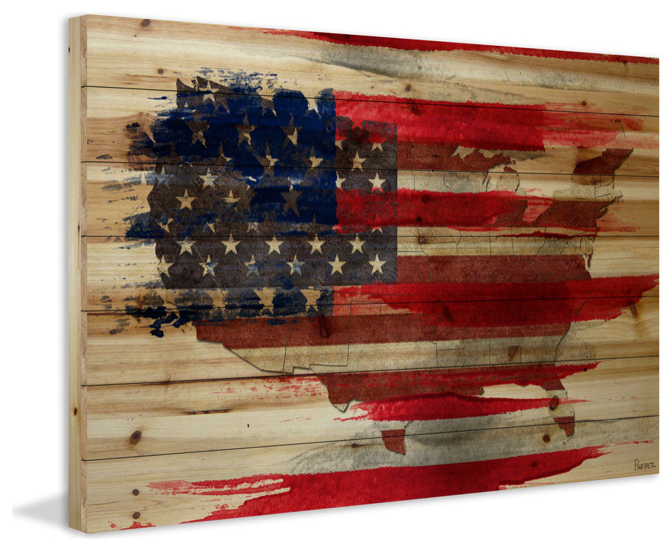"American Map" Painting Print on Natural Pine Wood, 18"x12"