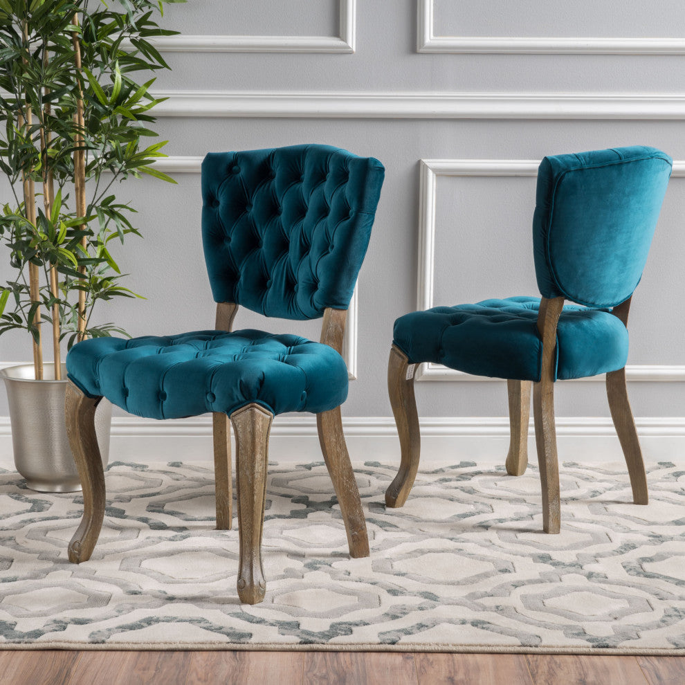 GDF Studio Elizabeth Tufted New Velvet Fabric Dining Chairs, Set of 2, Dark Teal