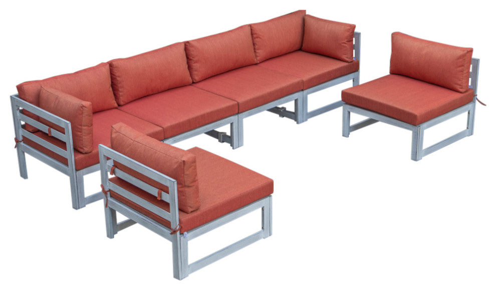 LeisureMod Chelsea 6-Piece Patio Sectional, Weathered Gray Aluminum, Orange