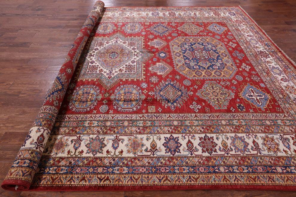 Super Kazak Geometric Hand Knotted Wool Rug 10' 1" X 13' 4" Q10607