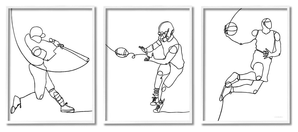 Simple Line Doodle People Playing Baseball Football Basketball, 3pc, each 24x30