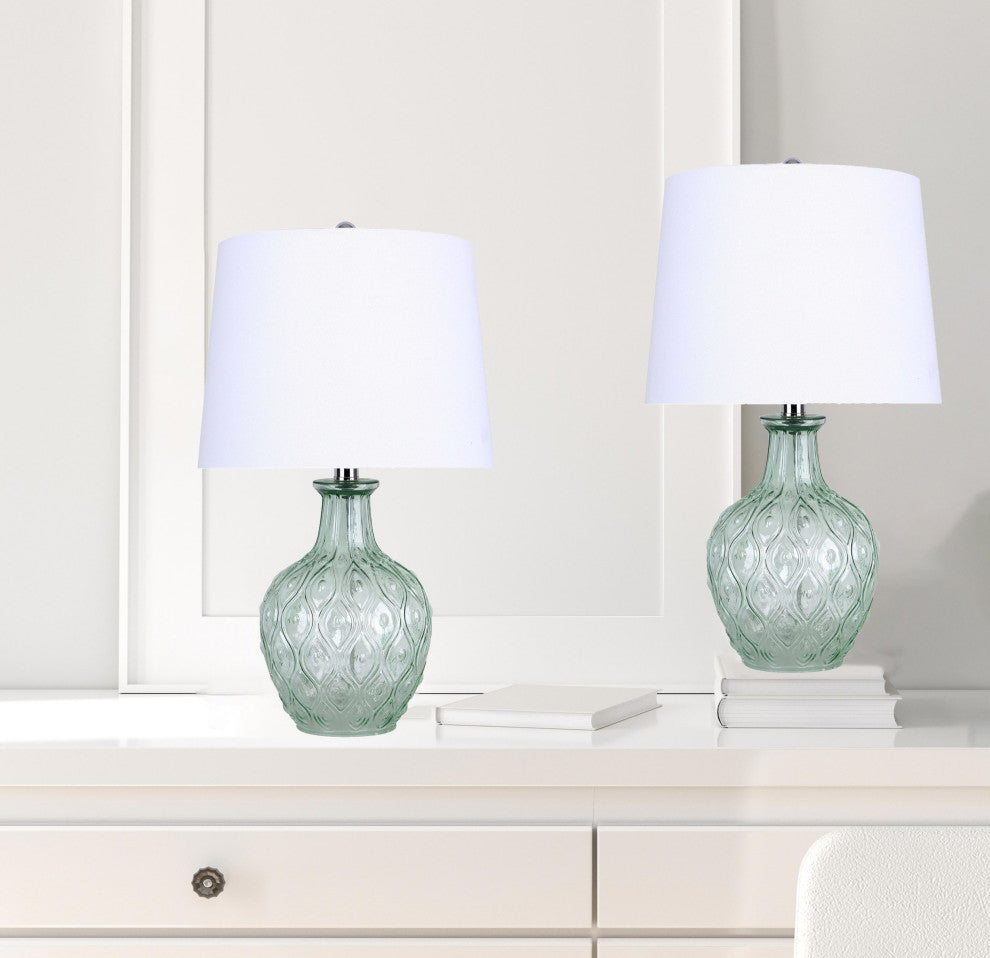 20.5" Recycled Glass Table Lamp, Patterned Base/Off-White Linen Shades, Set of 2