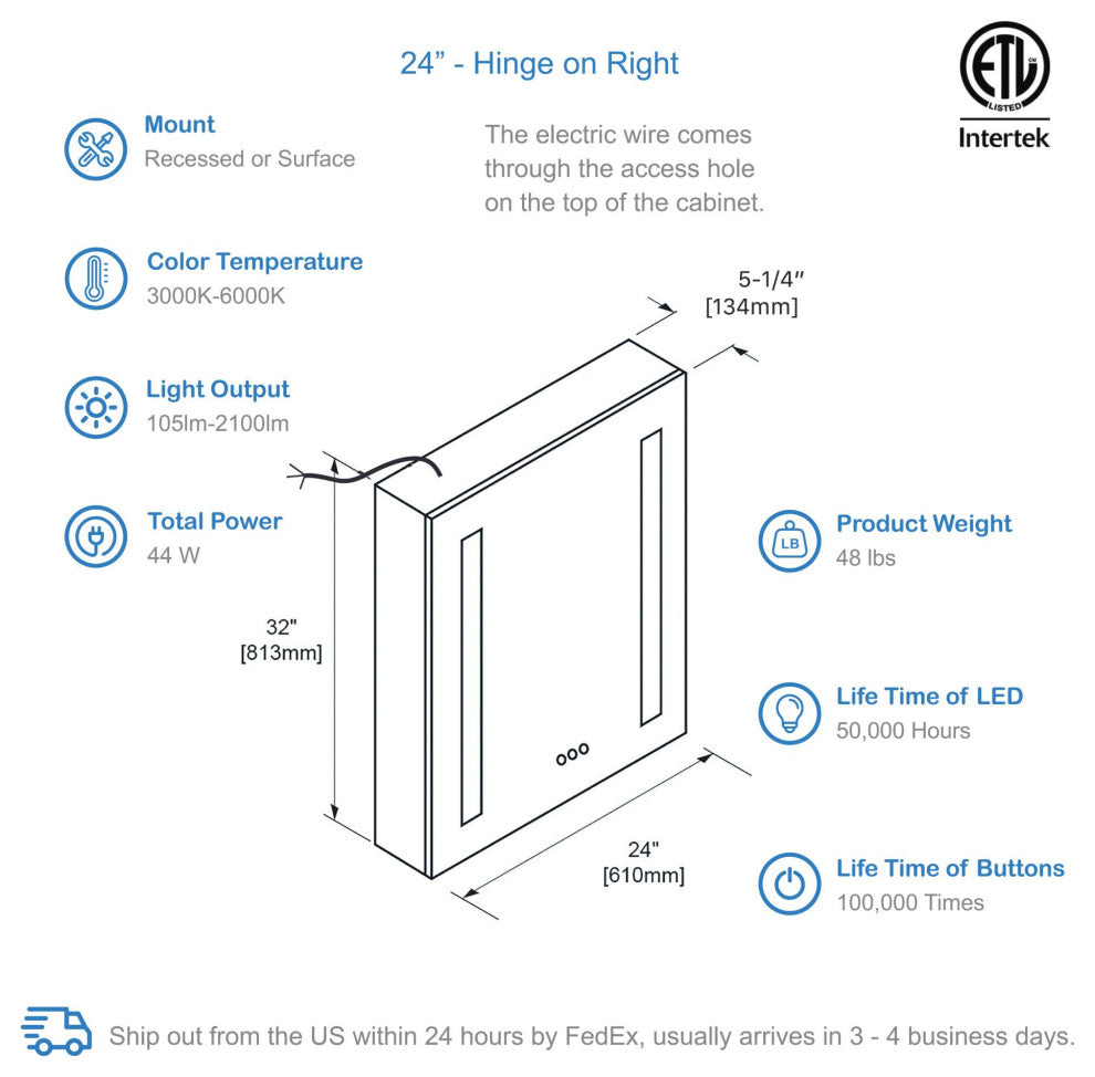 LED Mirror Medicine Cabinet With Defogger, Dimmer and Outlets, 24" Right