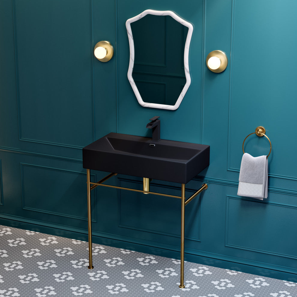 Claire 30" Ceramic Console Sink Matte Black Basin Gold Legs, Brushed Gold