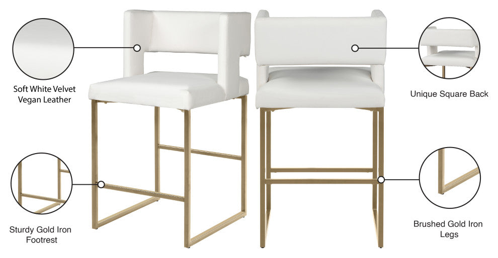 Caleb Upholstered Counter Stool, Set of 2, White, Vegan Leather, Brushed Gold