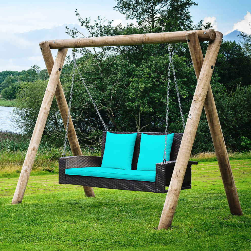 Costway 2-Person Patio Rattan Hanging Porch Swing Bench Chair Cushion Turquoise