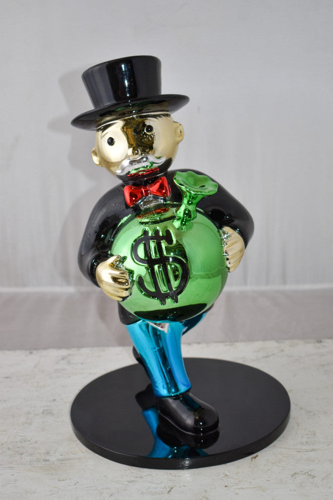 Vibrant Monopoly Man Holding Money Bag Resin Statue Small Size: 10" x 10" x 16