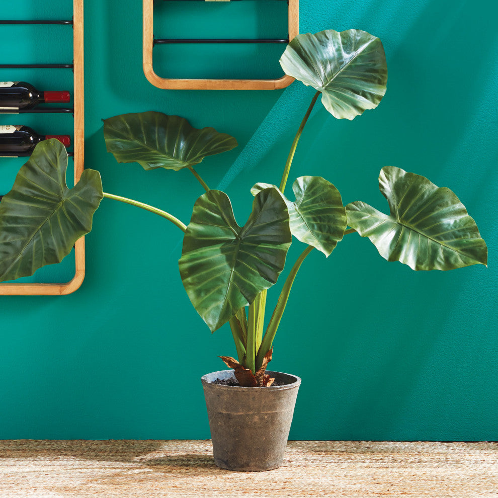 Large Elephant's Ear Green Leaf Faux Floral Plant Big Leaves 42 in Rustic Pot