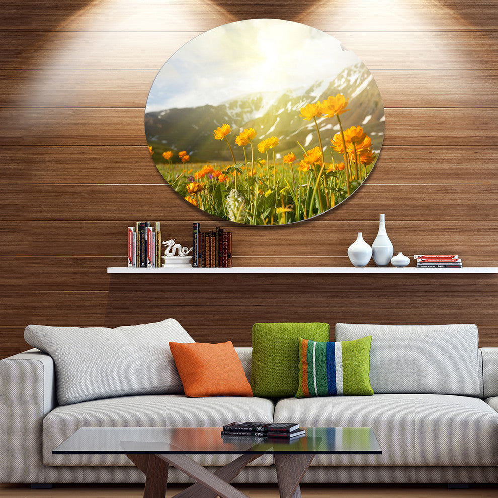 Mountain Pasture With Yellow Flowers, Flower Round Metal Wall Art, 36"