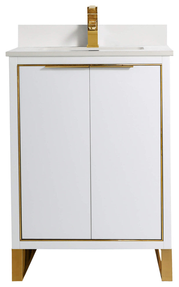Opulence Bath Vanity, White Matte, 24", Satin Brass Hardware, White Top