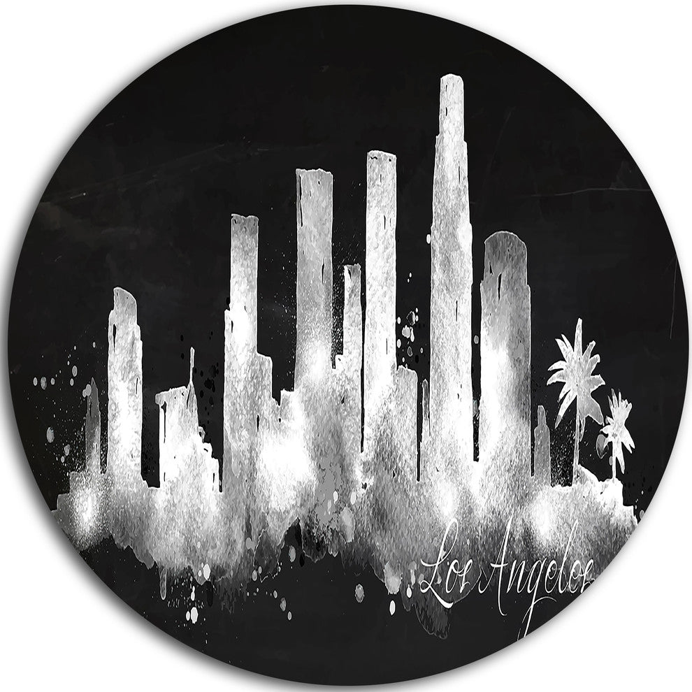 Los Angeles Dark Silhouette, Cityscape Painting Disc Metal Artwork, 23"