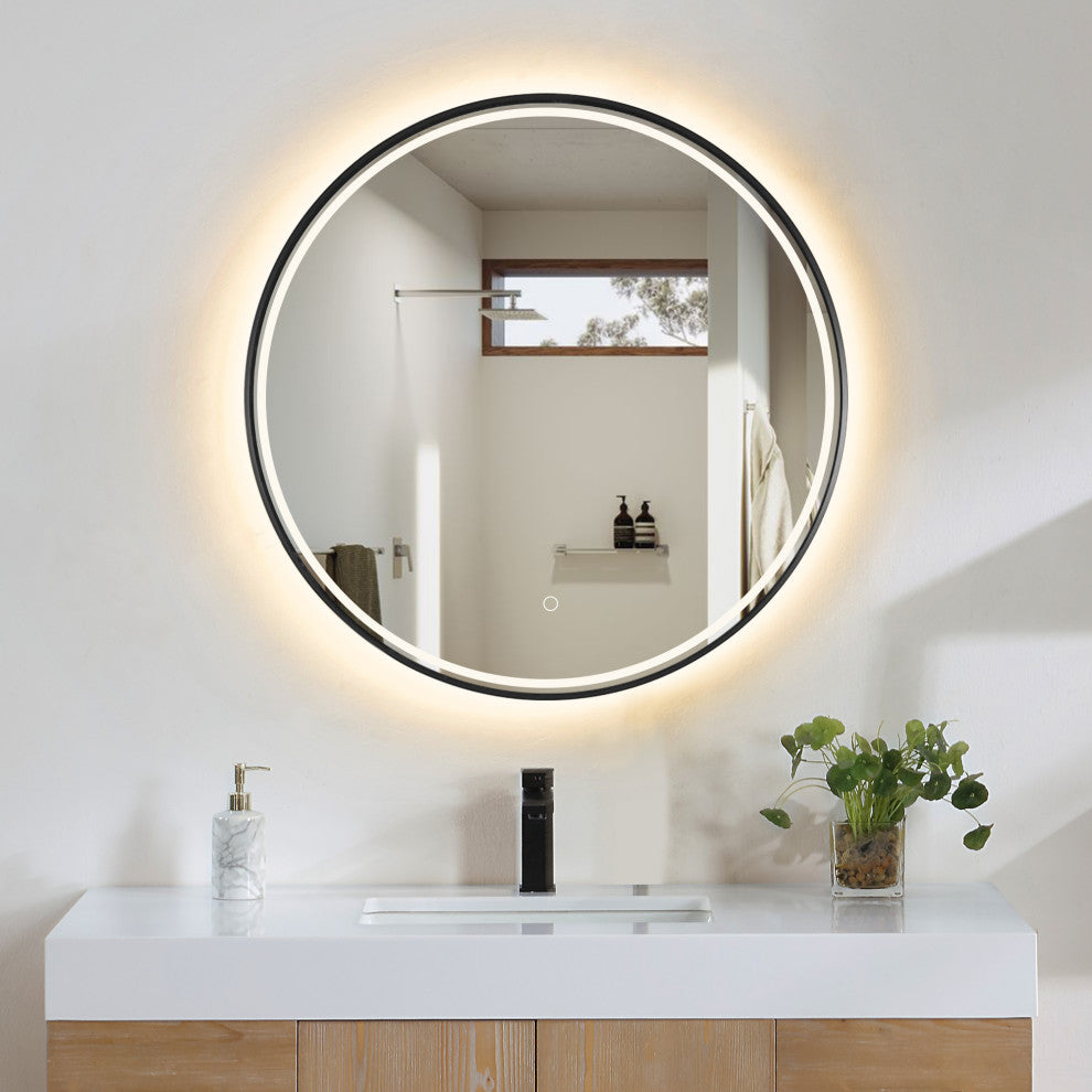 Palme Round Framed Bathroom/Vanity LED Lighted Wall Mirror, Matte Black, 32"