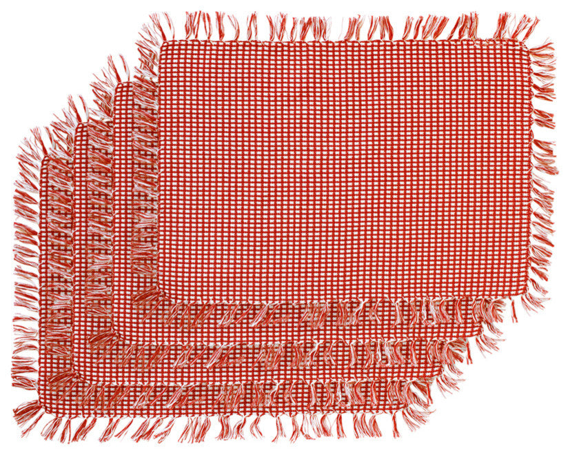 Homespun Fringed 100% Cotton Placemat, Set of 4, Red