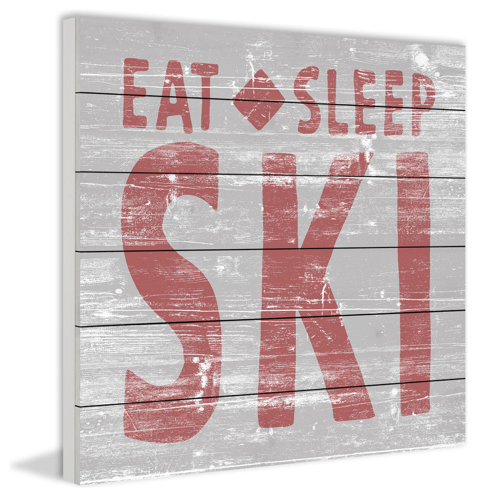 "Eat Sleep Ski" Painting Print on White Wood, 24"x24"