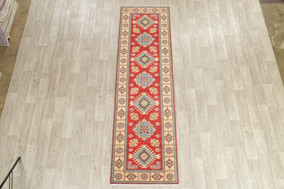 Pakistani Traditional Kazak Wool Hand Made Oriental Runner Rug, Red, 9'6"X2'10"