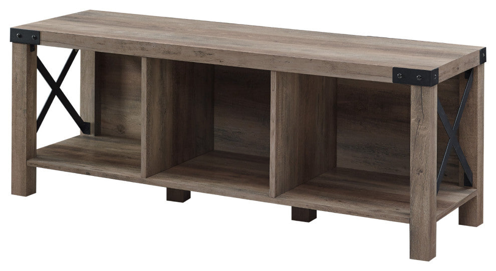 48" Farmhouse Metal X Entry Bench with Storage - Grey Wash