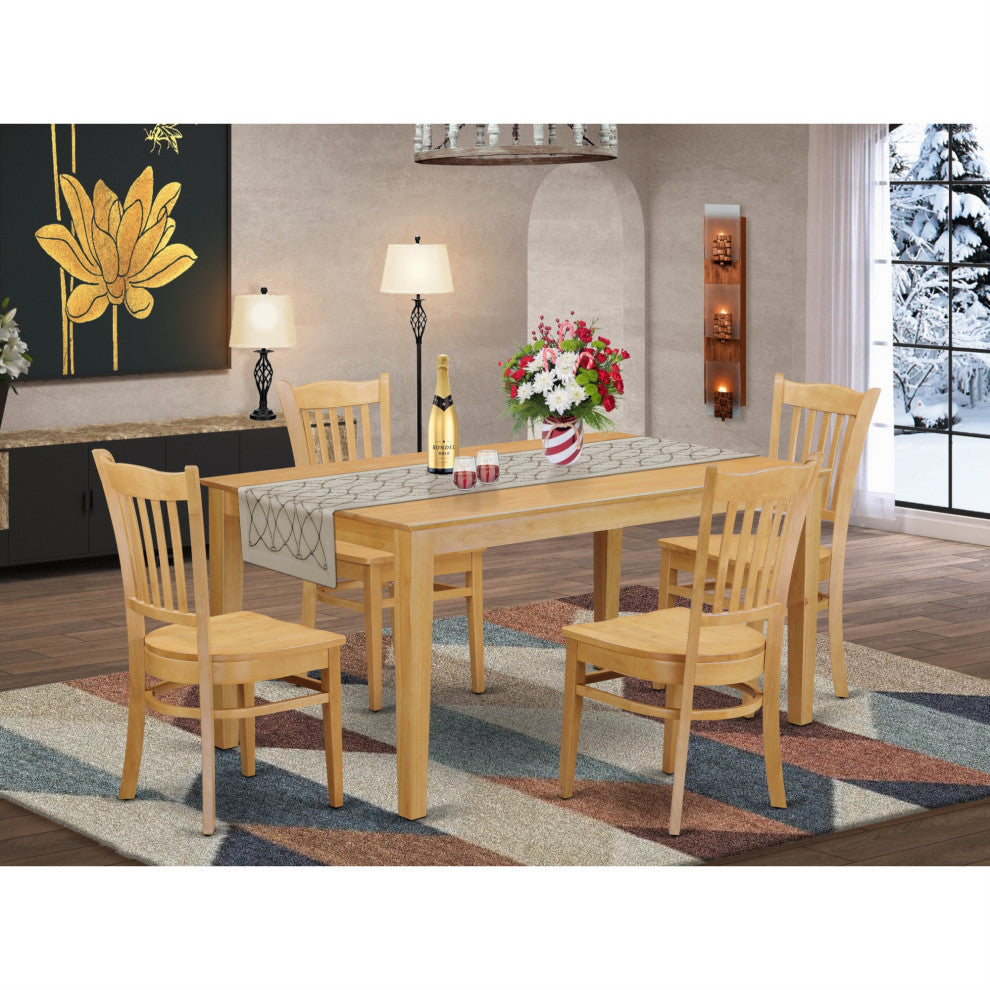 Cagr5-Oak-W 5-Piece Rectangle 60" Dining Table And 4 Wood Seat Kitchen Chairs
