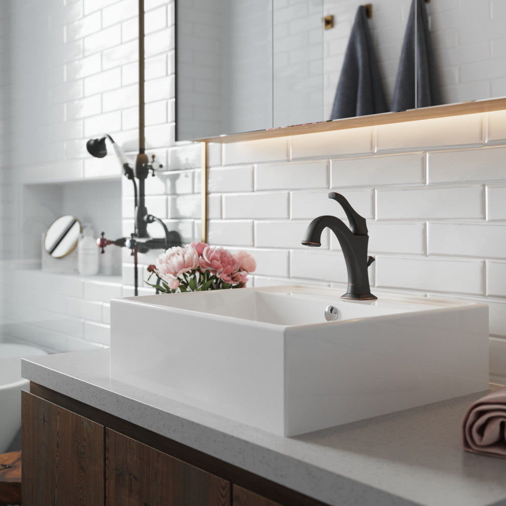 Elavo Square Ceramic Vessel Sink, Bathroom Arlo Faucet, Drain, Oil Rub Bronze