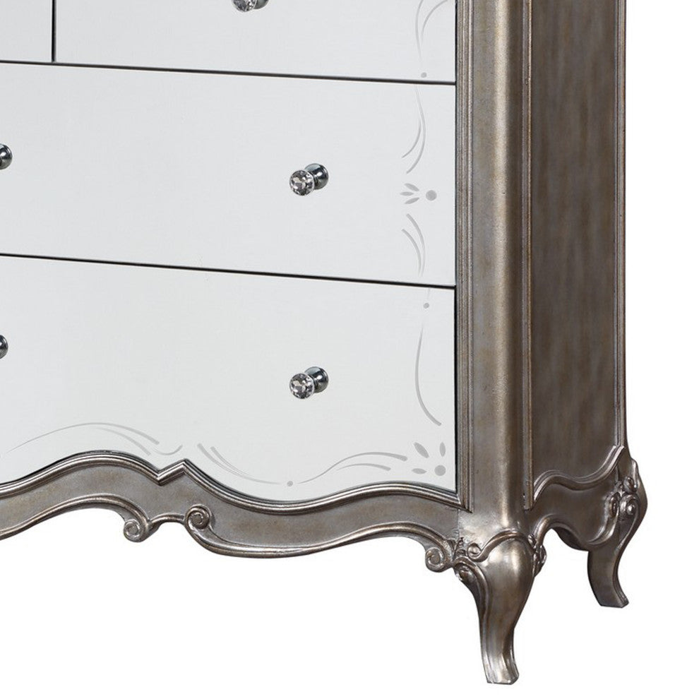 Benzara BM251274 Dresser With Mirror Front and Molded Trim, Antique Silver