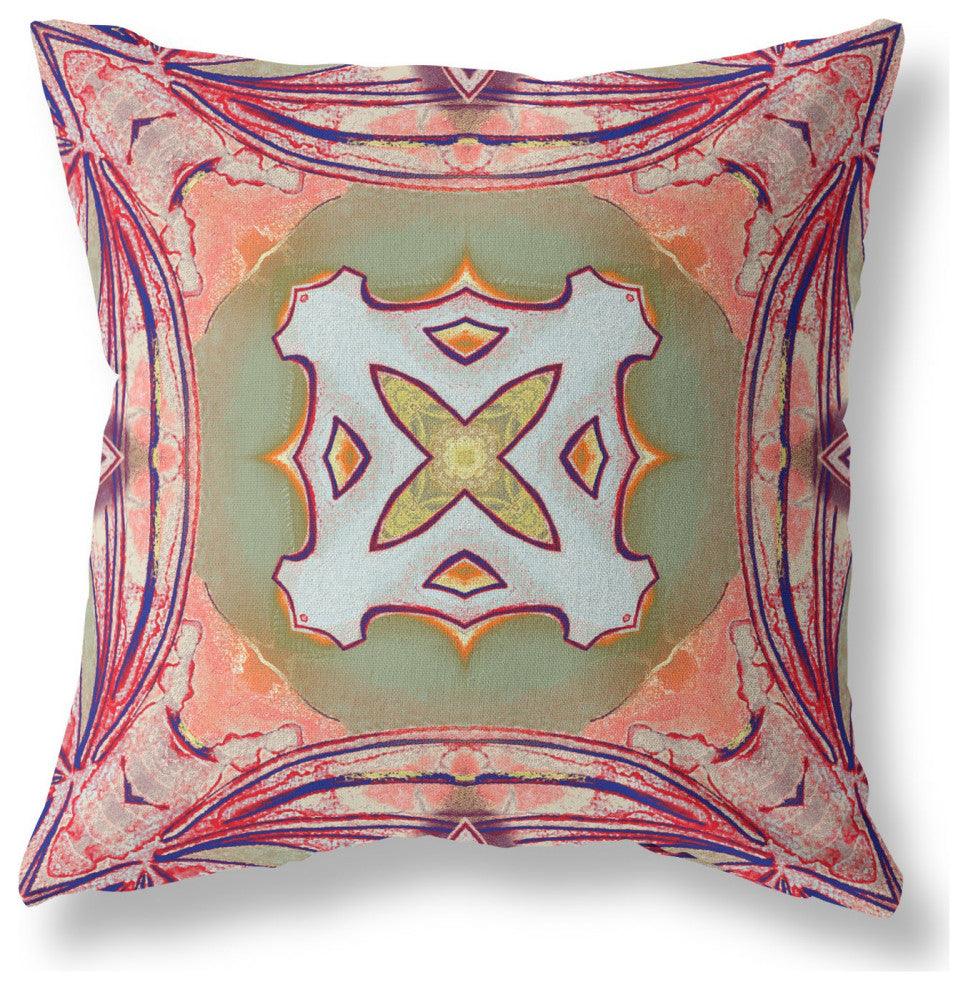 16" Magenta Green Geo Tribal Indoor Outdoor Throw Pillow