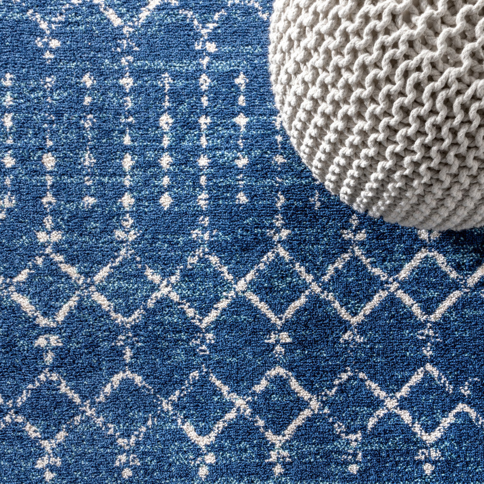 Moroccan HYPE Boho Vintage Diamond Runner Rug, Blue/White, 2 X 8