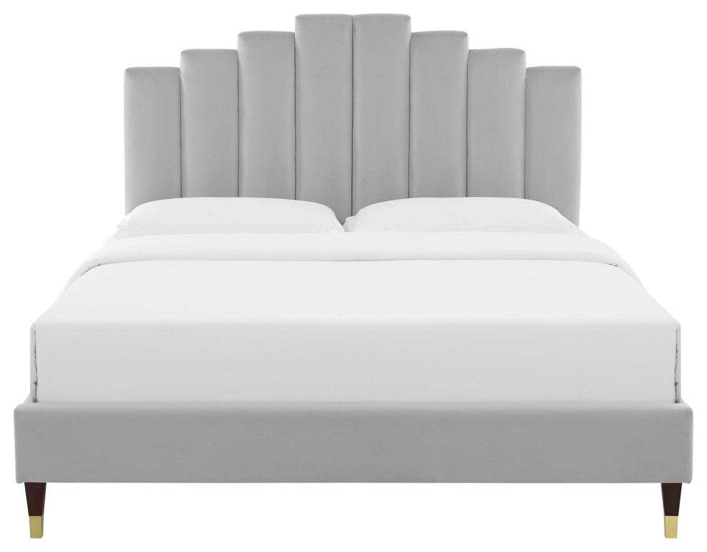 Platform Bed Frame, King Size, Velvet, Light Gray, Modern Contemporary