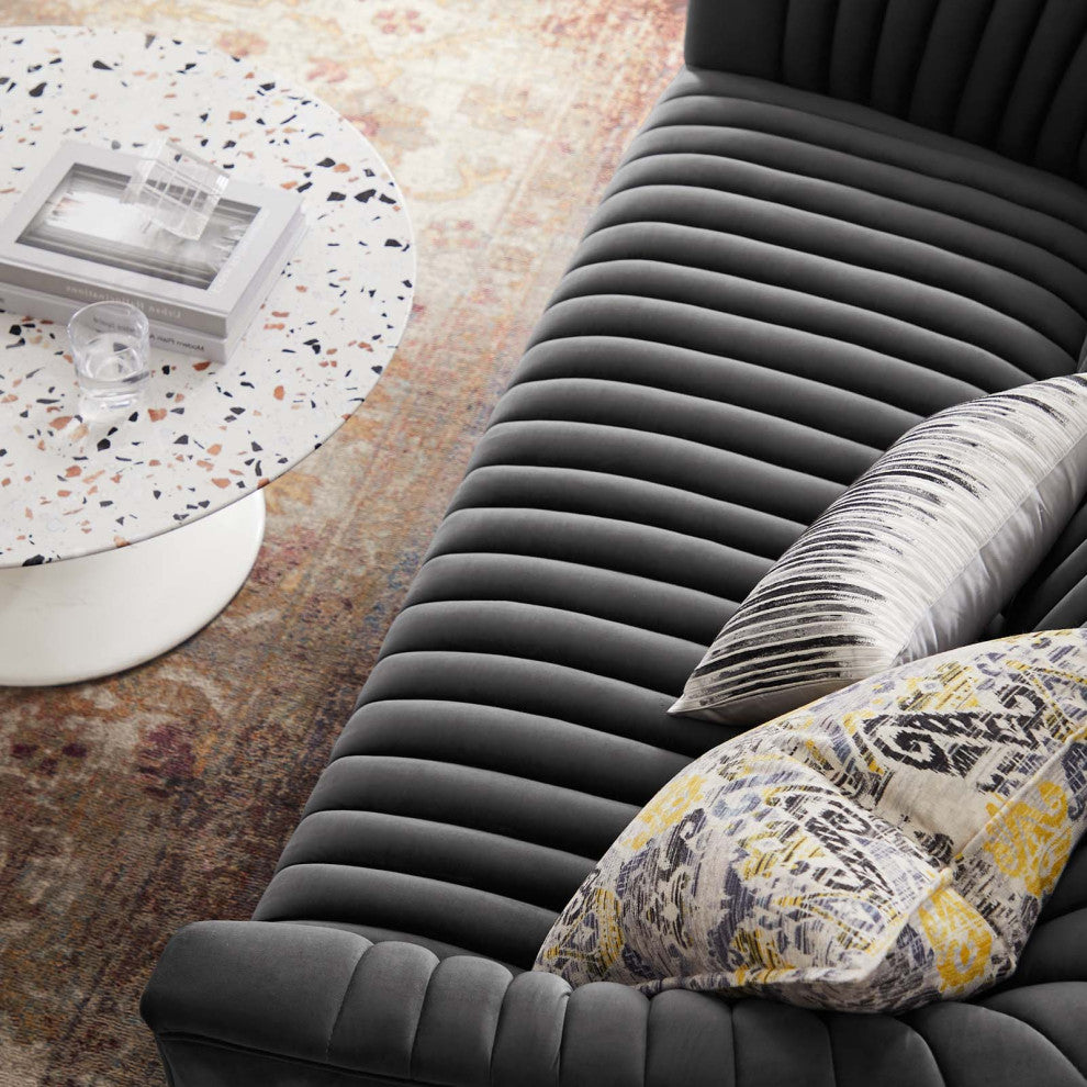 Tufted Loveseat Sofa, Charcoal Gray, Velvet, Modern, Mid Century Lounge
