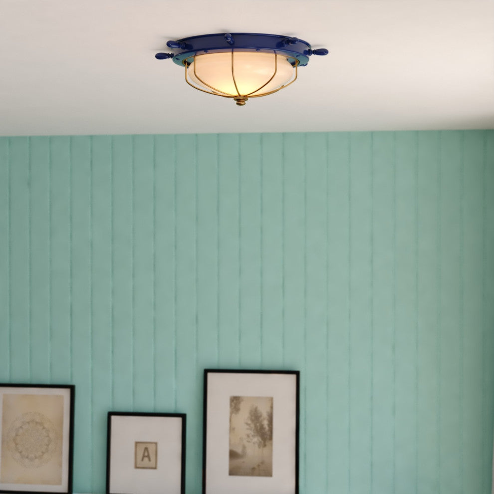 Orleans Navy Blue Gold Coastal Ship Wheel Indoor Outdoor Ceiling Light Fixture, Navy Blue and Matte Gold