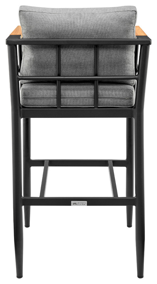 Orlando Outdoor Stool, Aluminum/Teak With Gray Cushions, Bar Height
