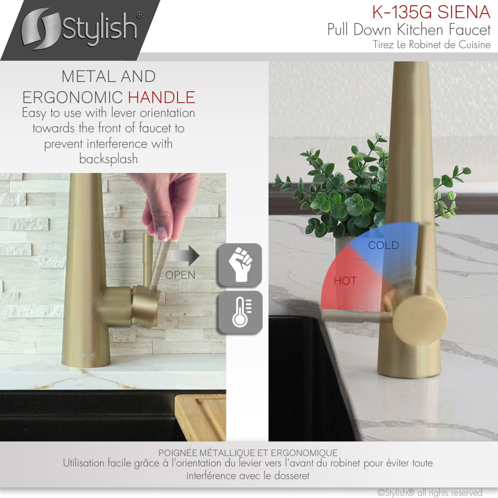 STYLISH Kitchen Sink Faucet Single Handle Pull Down Dual Mode Brushed Gold