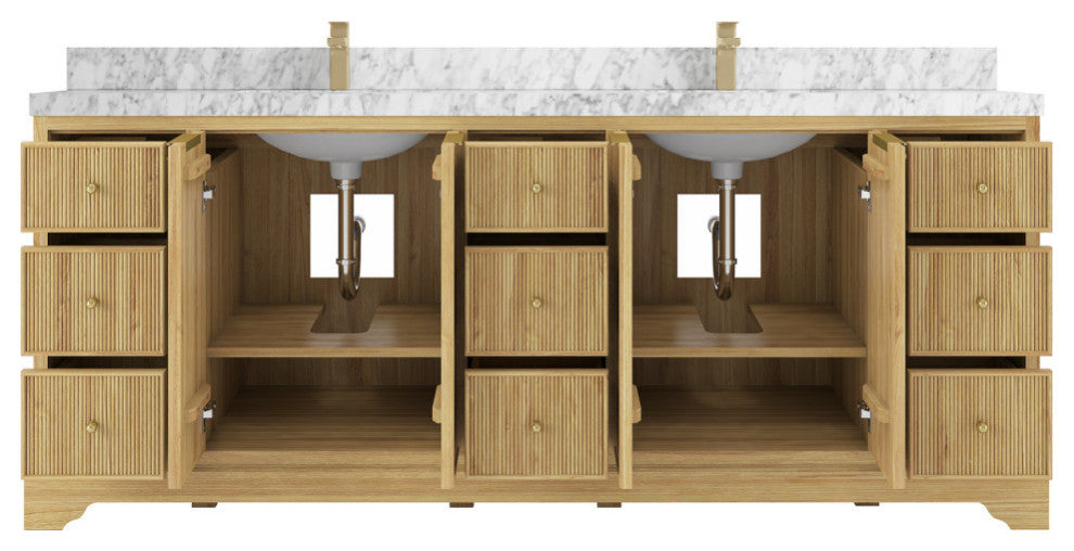 Austin 84 Double Sink Bath Vanity in Light Natural Teak 2" Carrara Marble