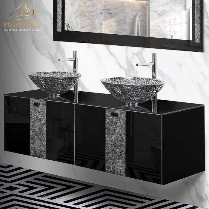 Luxury Crystal Double Vanity 63", Black, Dounle Sink, Wall-mounted