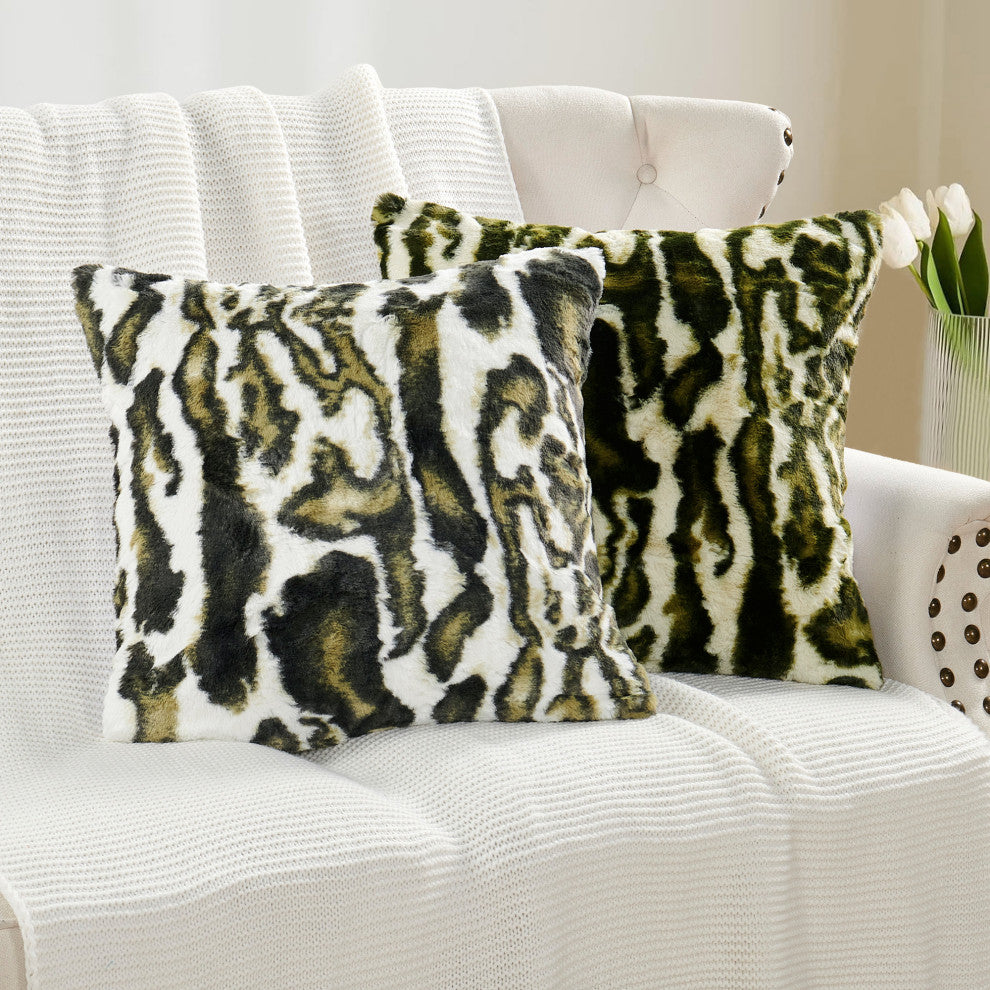 Wild Cat Faux Fur Pillow Shells, Set of 2, Forest Green, 20"x20"