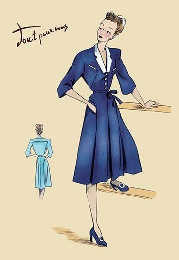Blue Daytime Dress with Collar and Belt - Canvas Poster 20" x 30"