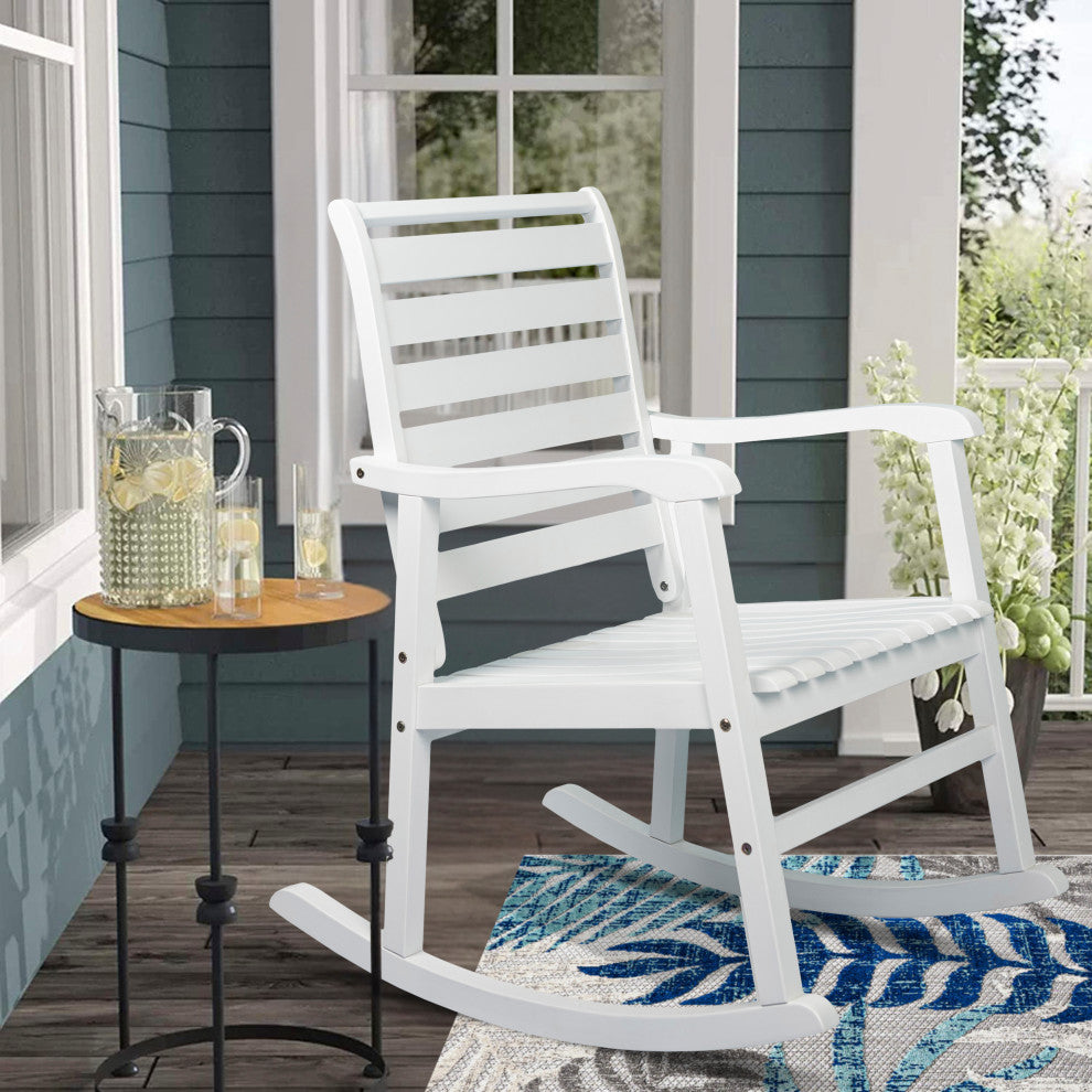 Carey Modern Slat-Back Acacia Wood Patio Outdoor Rocking Chair, White
