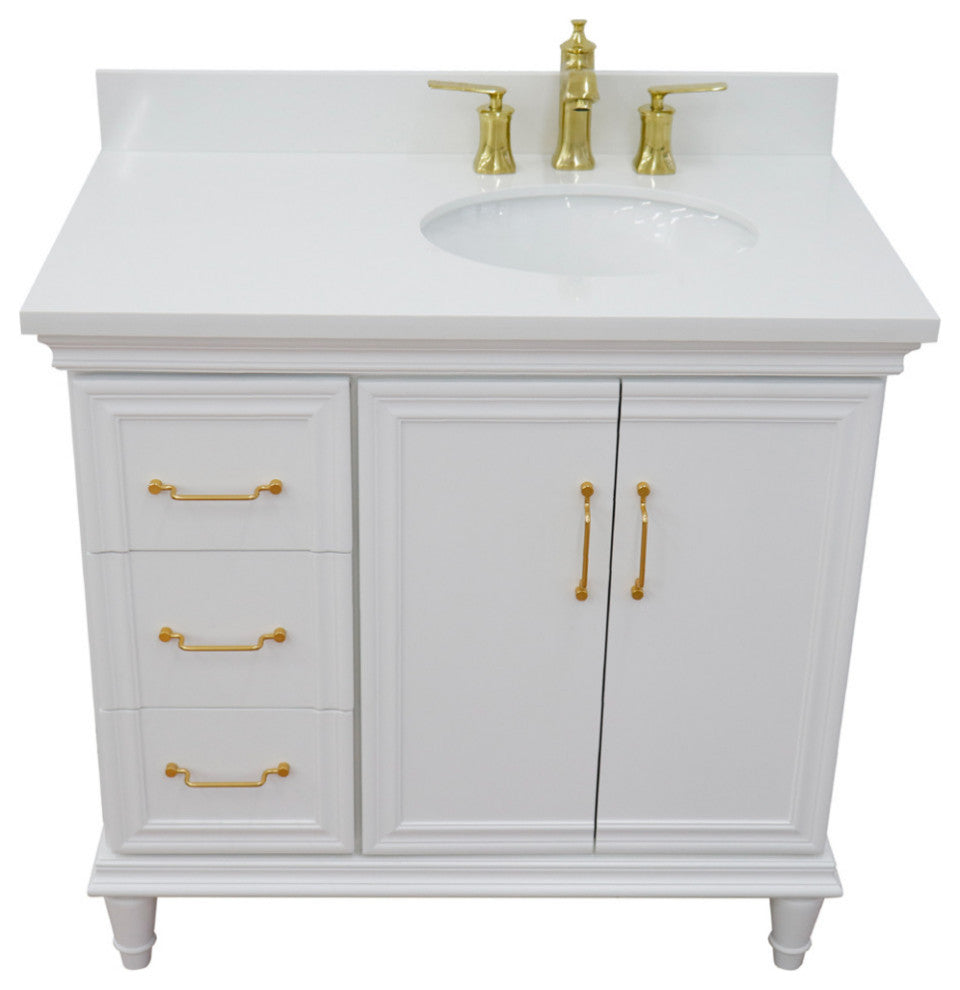 37" Single Vanity, White Finish With White Engineered Stone Top