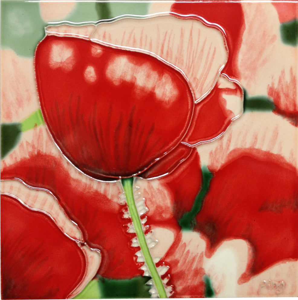 8x8" Red Poppy With White Ceramic Art Tile Hand Painted Trivet Hot Plate