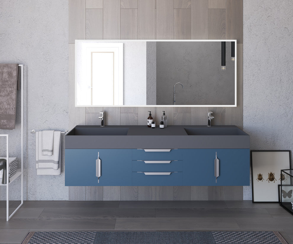CastelloUSA Amazon 72" Wall Mounted Vanity Set, Blue, Gray Top, Chrome Handles