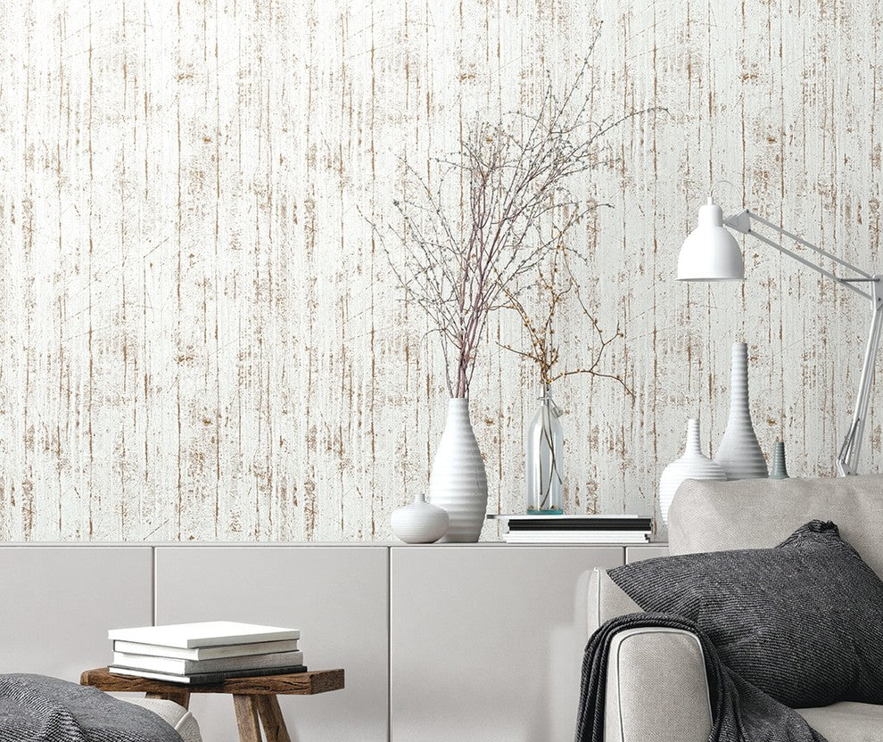 Natural Faux 2, Geometric Stone Wood Rustic Wallpaper, White, Roll, 21"x33''