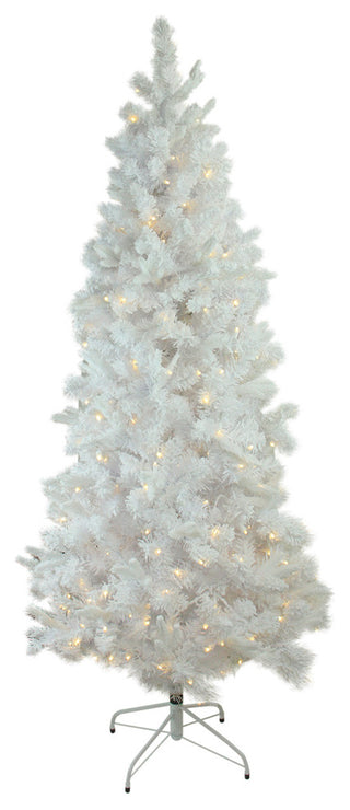 Flocked White Pine Slim Christmas Tree, White LED Lights, 9'x49"