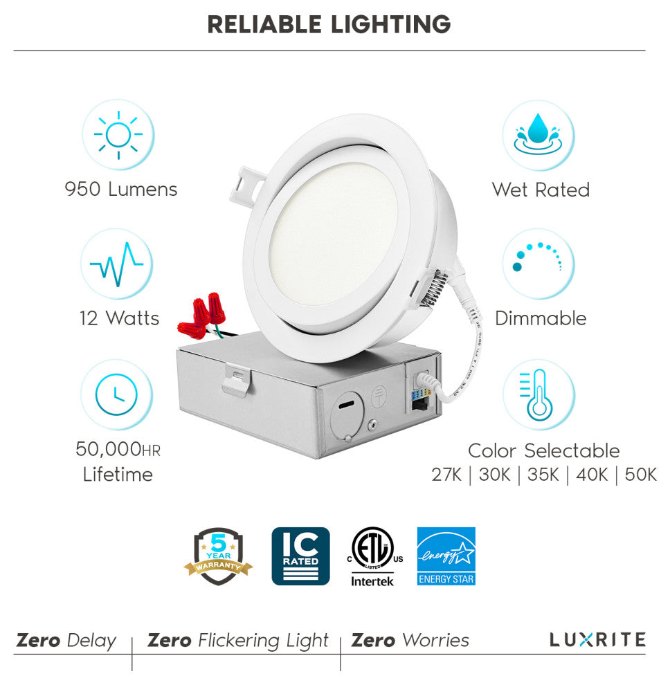 Luxrite 4" Gimbal LED Recessed Light 5 CCT 12W 950LM Dimmable 4-Pack