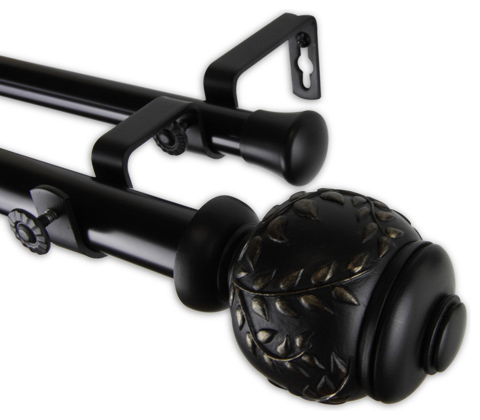 Frond 1" Double Curtain Rod, Black, Black, 120"-170"