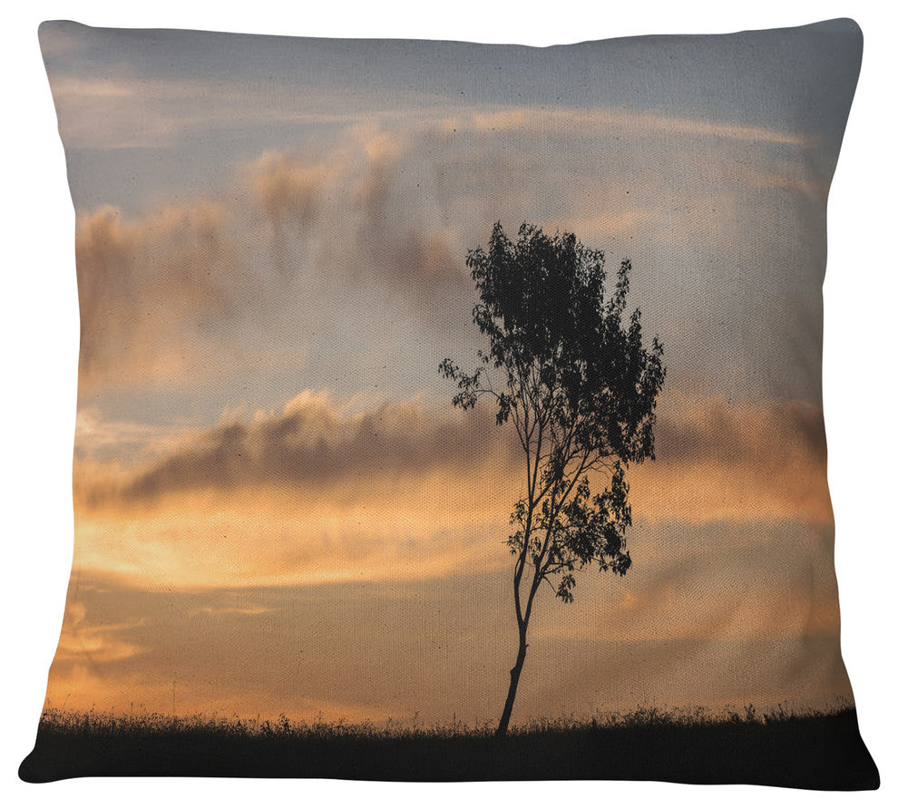 Lonely Tree Silhouette Rightwards Landscape Printed Throw Pillow, 18"x18"