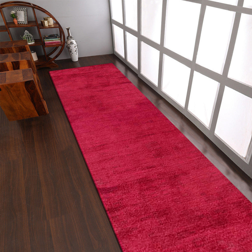 Hand Knotted Loom Silk Mix Area Rug Solid Dark Red, [Runner] 2'6"x8'