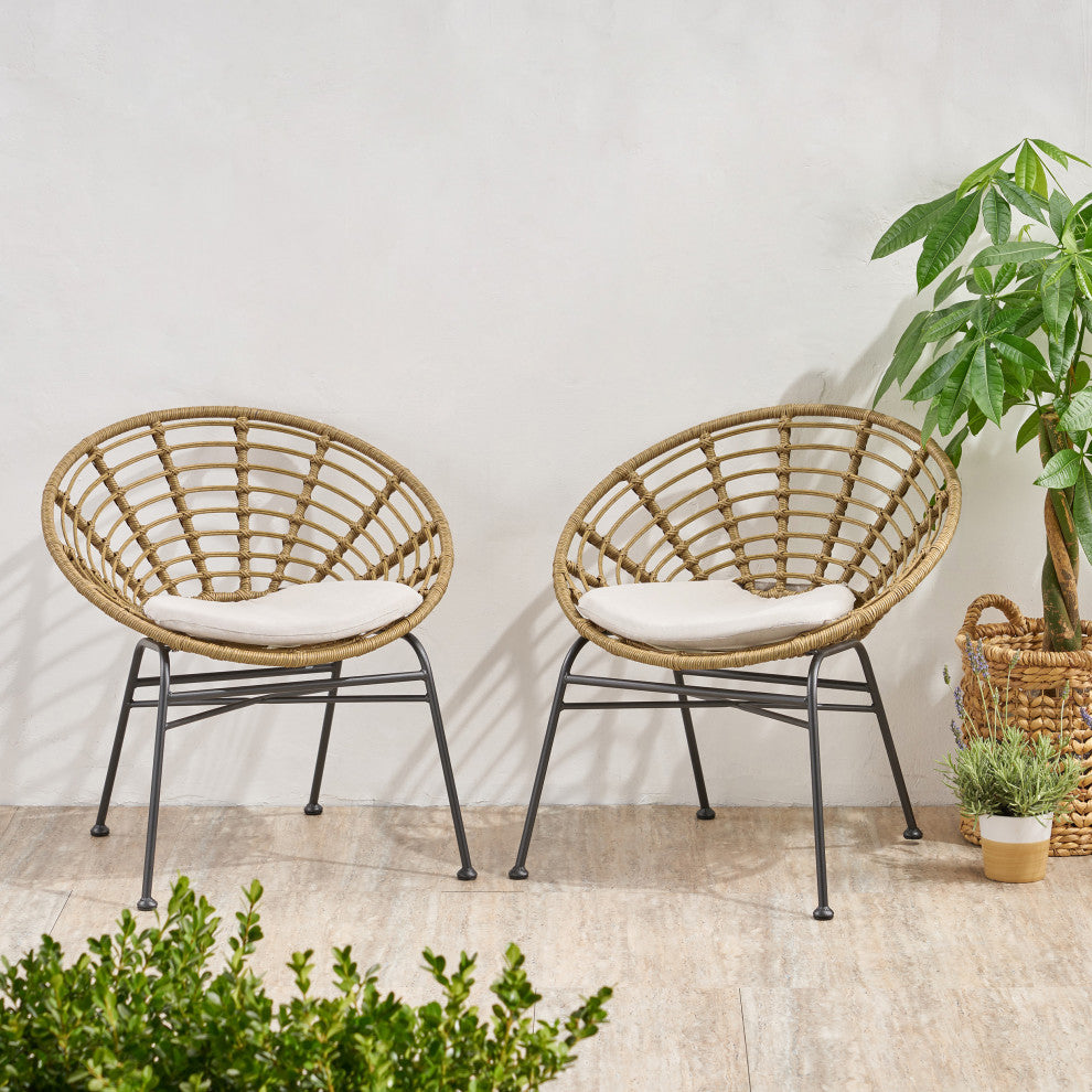 Mia Outdoor Wicker Dining Chair with Cushion, Set of 2, Light Brown, Black, Beige
