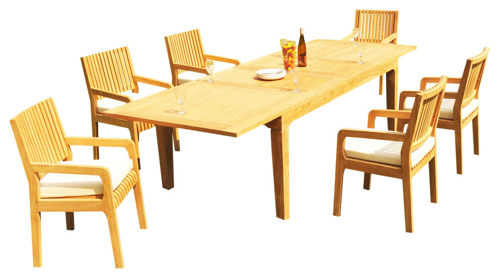 7-Piece Outdoor Teak Dining Set: 122" Ext Rectangle Table, 6 Maldives Arm Chairs