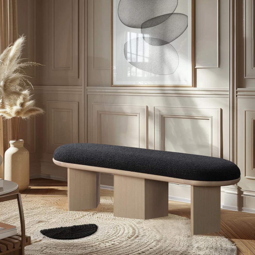 Wilshire Boucle Fabric Upholstered Bench, Black, Natural Oak Finish