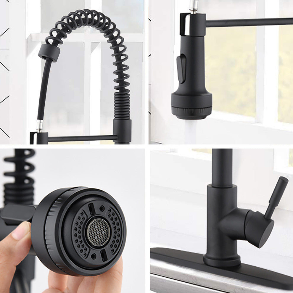 Single Handle Deck Mounted Spring Neck Pull Down Kitchen Faucet with Deckplate,